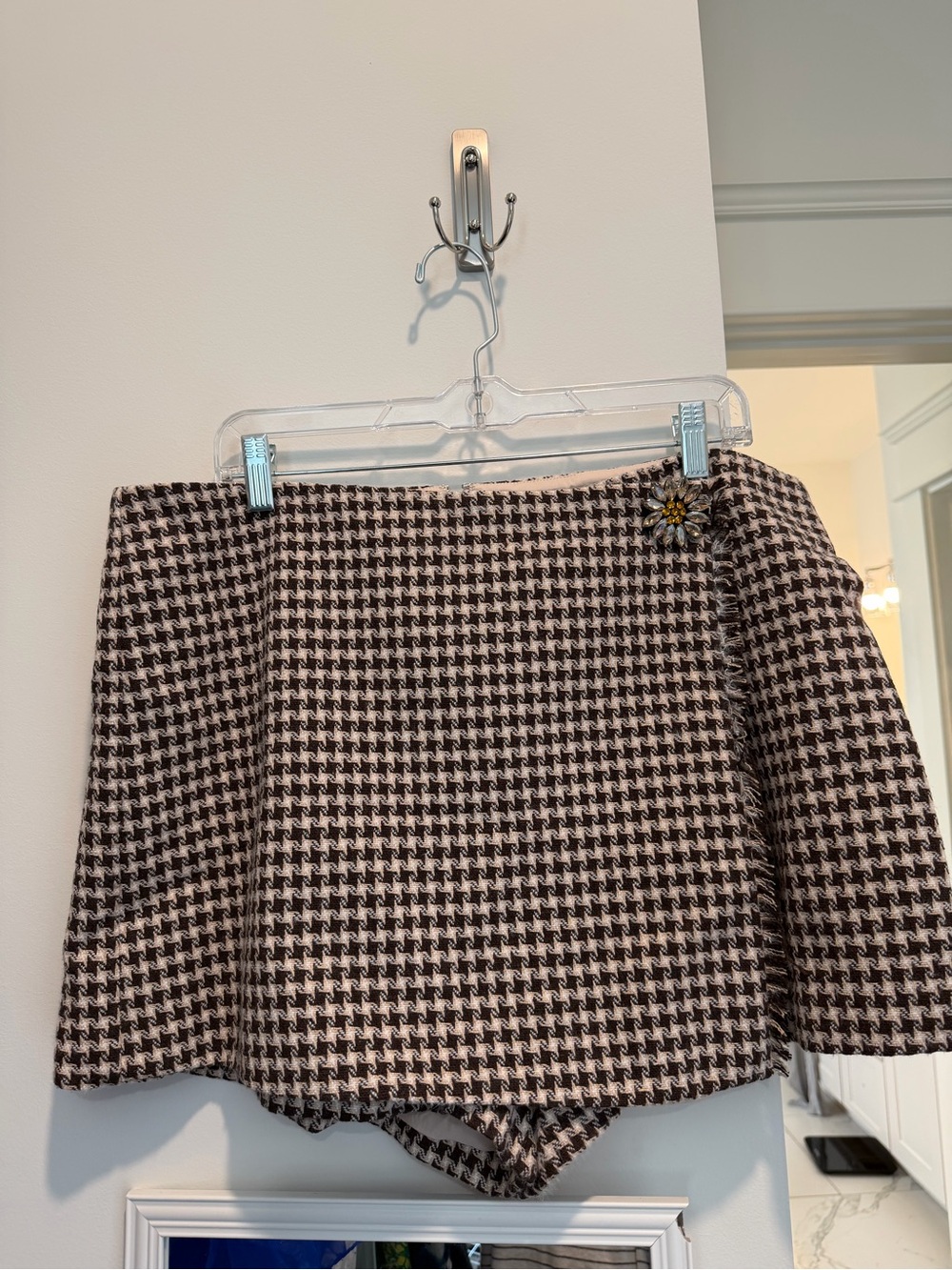 Corey Lynn Calter Brown and Cream Houndstooth A-Line Skirt with Brooch